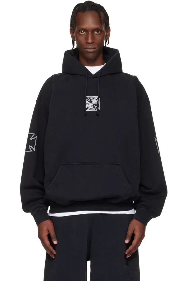 VETEMENTS Black Triple Biker Cross Logo Hoodie, image 1 of 1 from SSENSE