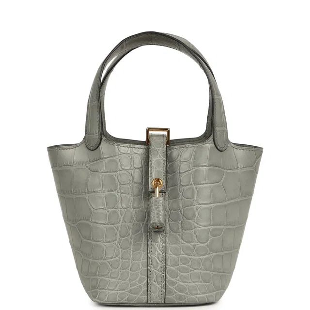 Hermès Micro Picotin Lock 14 Gris Ciment Matte Alligator Gold Hardware in Grey Crocodile from Madison Avenue Couture