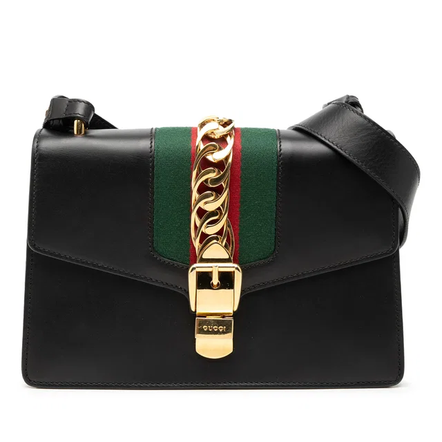 Black Gucci Small Calfskin Web Sylvie Satchel in Black Calfskin from Designer Revival