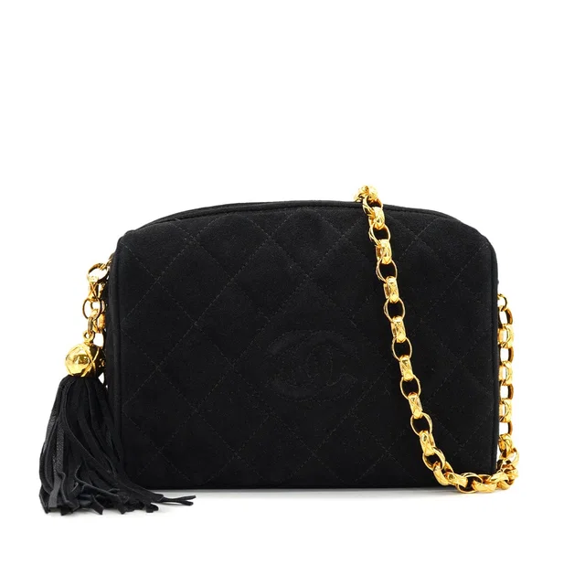 Chanel Vintage Matelasse Bijou Chain Shoulder Bag Black Suede Fringe Gold Hardware in Black Suede from Luxury Promise