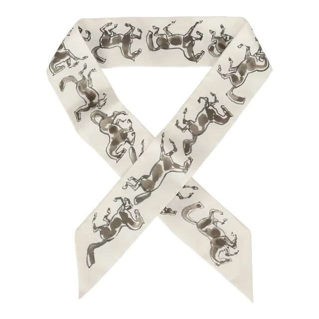 Hermès "Chevaux En Liberte" Bronze, Vert De Gris, Blanc Multi Silk Twilly Pair in White Silk from Madison Avenue Couture