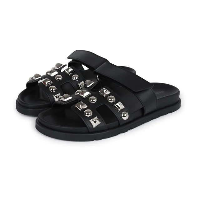 Hermès Chypre Techno Sandals Black Studded Calfskin Palladium Hardware 37.5 EU in Black Calfskin from Madison Avenue Couture