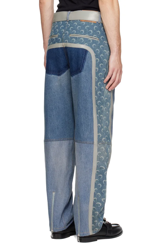 Marine Serre Blue Regenerated Denim Belted Baggy Jeans, photo 3 of 4 from SSENSE