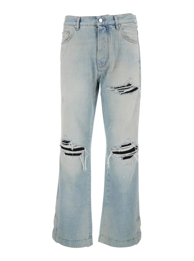 Men's Light Blue Denim Jeans with Ripped Details and Logo Patch on the Back, image 1 of 1 from Gaudenzi Boutique
