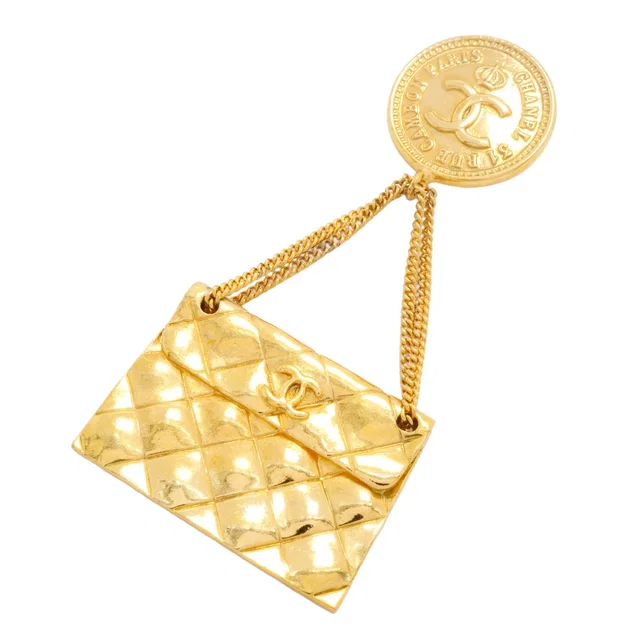 Chanel Brooch Vintage CC Logo Bag Motif Gold Plated in Gold from The Reluxe
