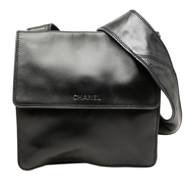 Black Chanel Lambskin Logo Messenger Bag in Black Lambskin from Designer Revival