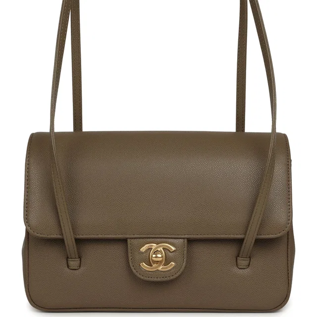 Chanel Small Preppy Coco Flap Bag Dark Khaki Shiny Caviar Brushed Gold Hardware in Green Caviar leather from Madison Avenue Couture