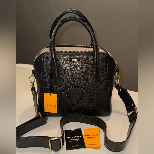 By Mario Valentino Black Pebbled Leather Studded V Logo Satchel in black Leather from Poshmark