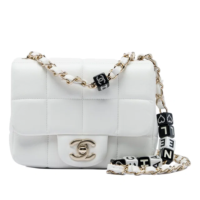 White Chanel Mini Quilted Lambskin Resin Crystal Square Monacoco Flap Crossbody Bag in White Lambskin from Designer Revival