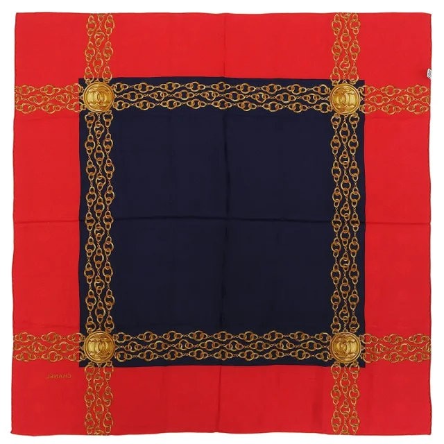 Chanel CC Mark Chain Pattern Scarf Red/Navy in Red Silk from VINTAGE QOO TOKYO, photo 10 of 10