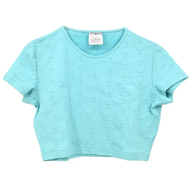 Chanel Cropped T-shirt Top Light Blue #42 in Blue Nylon from AMORE Vintage Tokyo