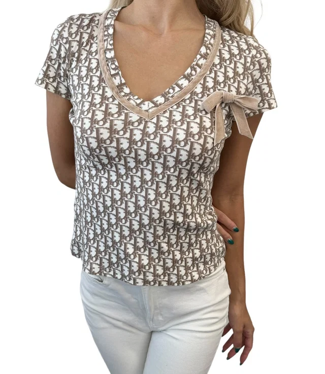 Dior Vintage 2005 Trotter Monogram V-neck T-shirt Top Cream Ribbon in White from Luxury Promise