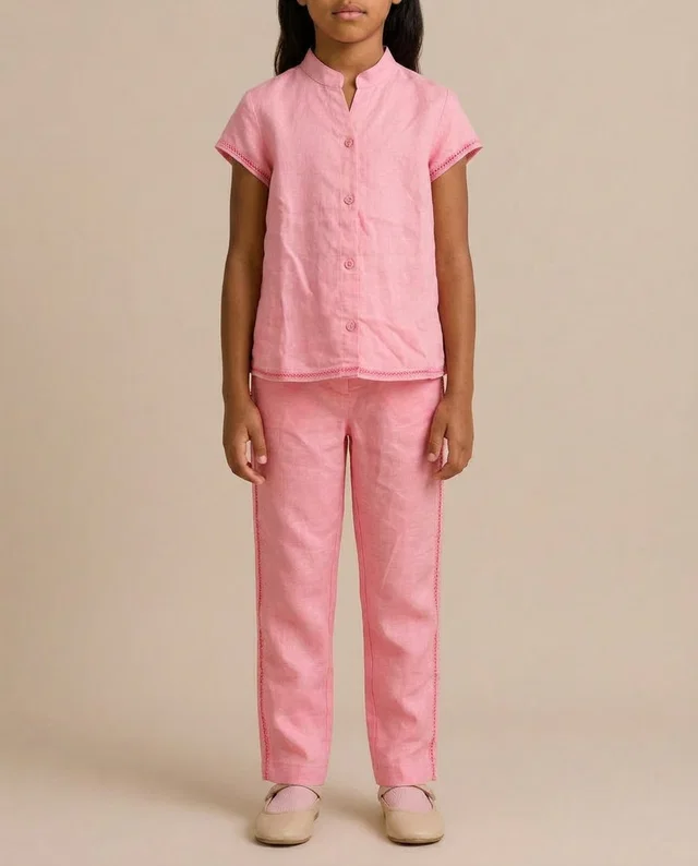 Loro Piana Pink Short Sleeve Shirt with Matching Trouser Set Size 6 Years in Pink from Sellier