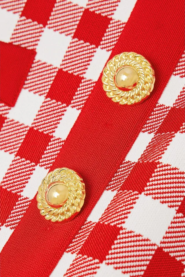 Balmain Button-Embellished Gingham Jacquard-Knit Mini Skirt in Red, photo 4 of 4 from THE OUTNET