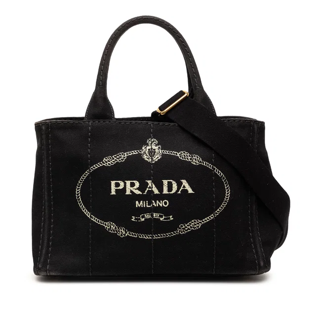 Black Prada Small Canvas Canapa Logo Satchel in Black Canvas from Designer Revival