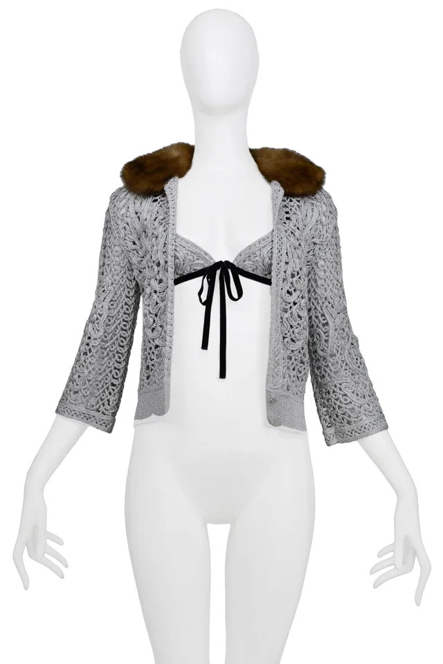 Valentino Garavani Silver Crochet Cardigan With Fur Collar & Bikini Top 2004 in Silver Velvet from Resurrection Vintage