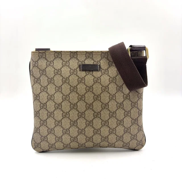 Gucci GG Supreme Leather Khaki Beige Dark Brown Shoulder Bag Gold in Brown Leather from The Reluxe