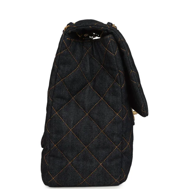 Chanel XXL Classic Single Travel Flap Bag Dark Blue Denim Brushed Gold Hardware in Blue Denim from Madison Avenue Couture, photo 3 of 10