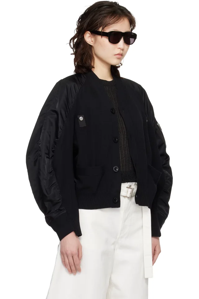 sacai Black Nylon Twill & Knit Cardigan, photo 2 of 4 from SSENSE