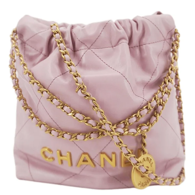 CHANEL 22 Mini Shiny Calfskin Leather Chain Crossbody Bag Pink in Pink Calfskin from Dallas Designer Handbags