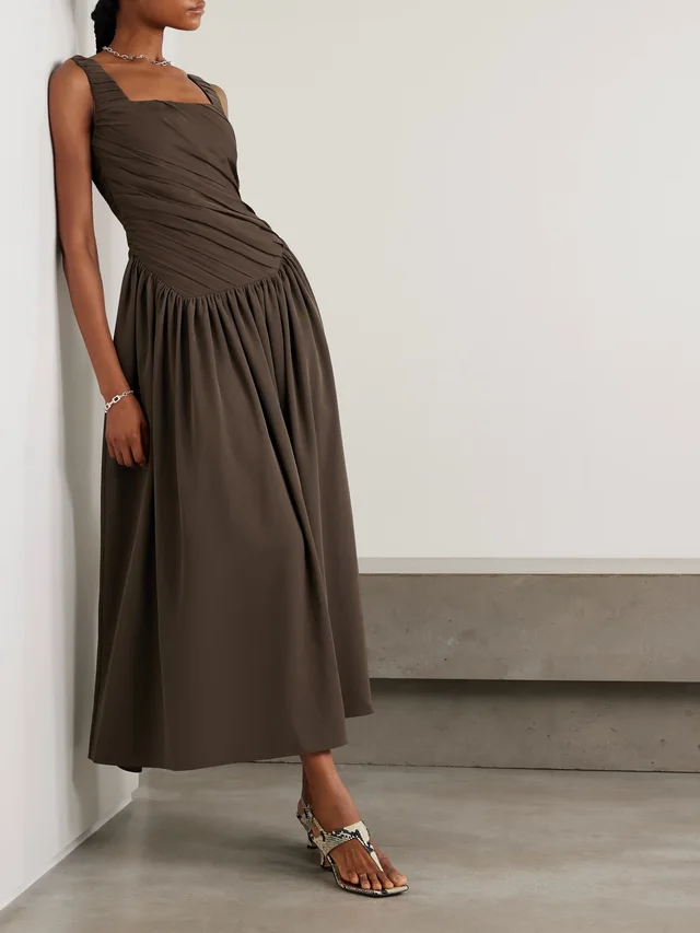 ABADIA Kaia ruched gathered chiffon and twill midi dress in Brown, photo 2 of 2 from NET-A-PORTER (Canada)