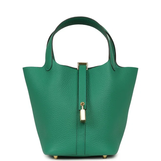 Hermès Picotin Lock 18 Vert Vertigo Clemence Gold Hardware in Green Clemence leather from Madison Avenue Couture