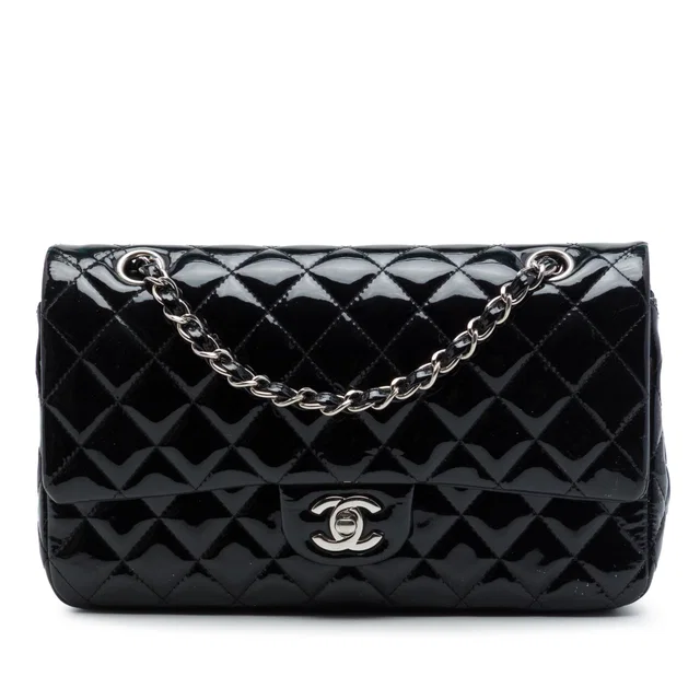 Black Chanel Medium Classic Patent Double Flap Shoulder Bag in Black Patent leather from Designer Revival