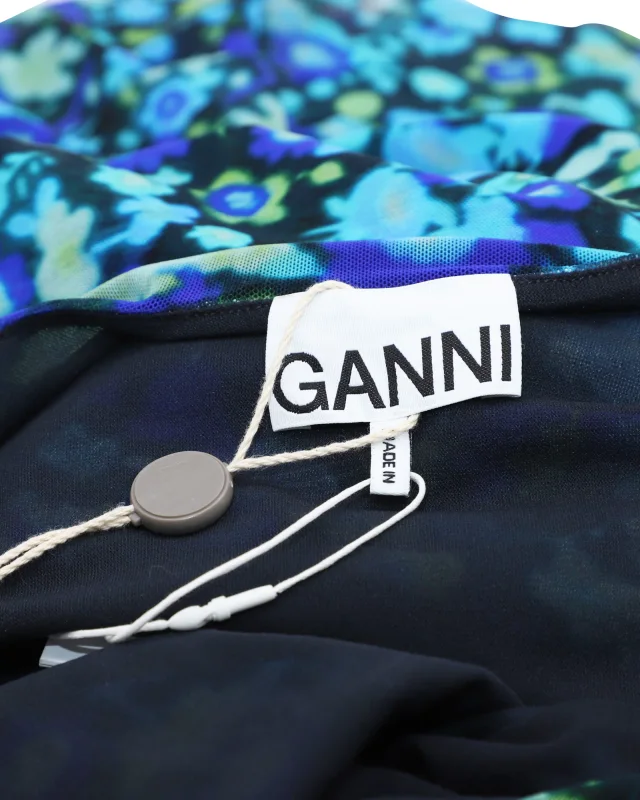 GANNI Floral Print Mesh Wrap Dress in Blue Polyamide in Blue, photo 5 of 6 from ShopSimon