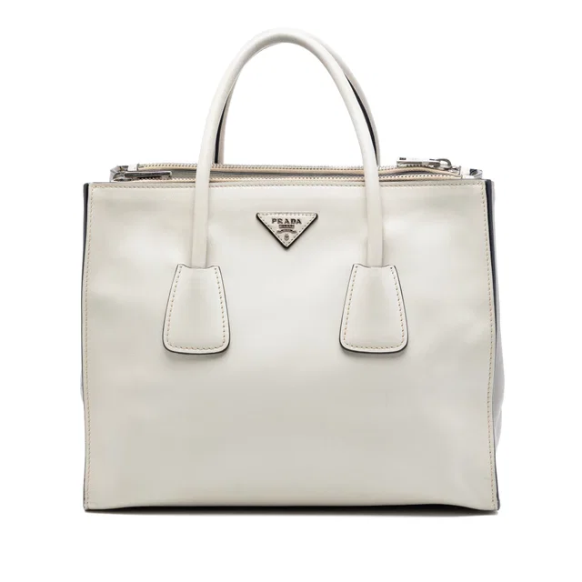 White Prada Glace Calf Twin Pocket Double Handle Satchel in White Leather from Designer Revival