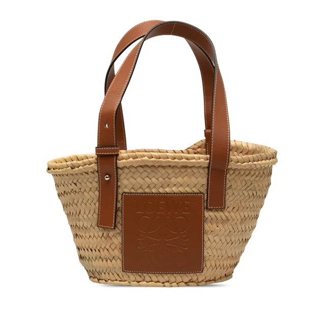 Beige LOEWE Small Raffia Anagram Basket Tote in Beige Raffia from Designer Revival
