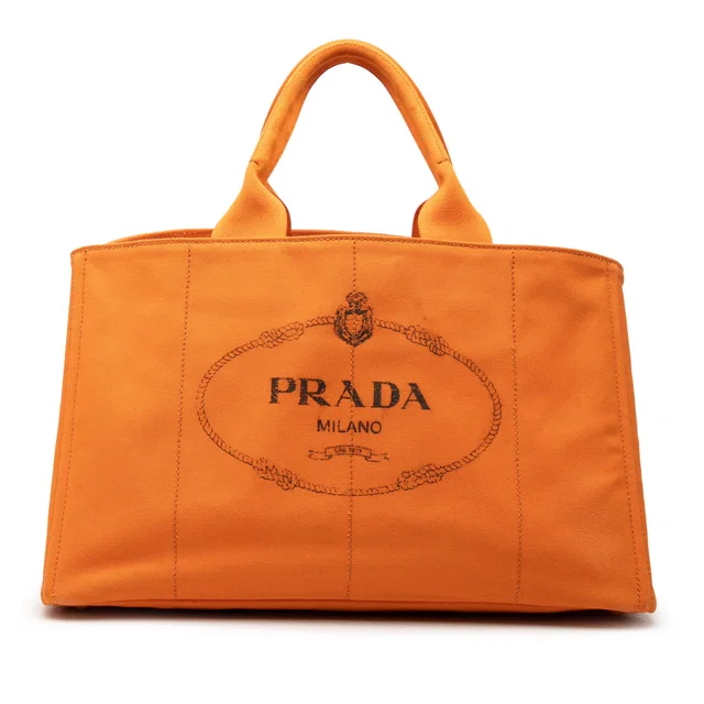 Orange Prada Large Canvas Canapa Logo Tote Satchel in Orange Canvas from Designer Revival