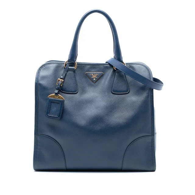 Blue Prada Saffiano Lux Shopping Tote Satchel in Blue Saffiano leather from Designer Revival