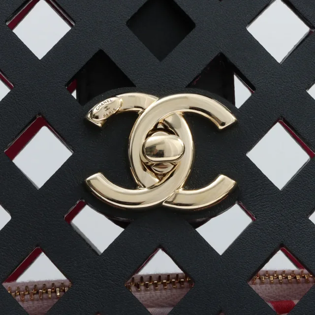 Chanel Circa 2021 Diamond Punching CC Turn-lock Chain Tote Bag Black in Black Calfskin from VINTAGE QOO TOKYO, photo 6 of 23