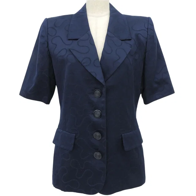 Saint Laurent Design Pattern Short-Sleeve Jacket #M Navy in Navy Nylon from VINTAGE QOO TOKYO