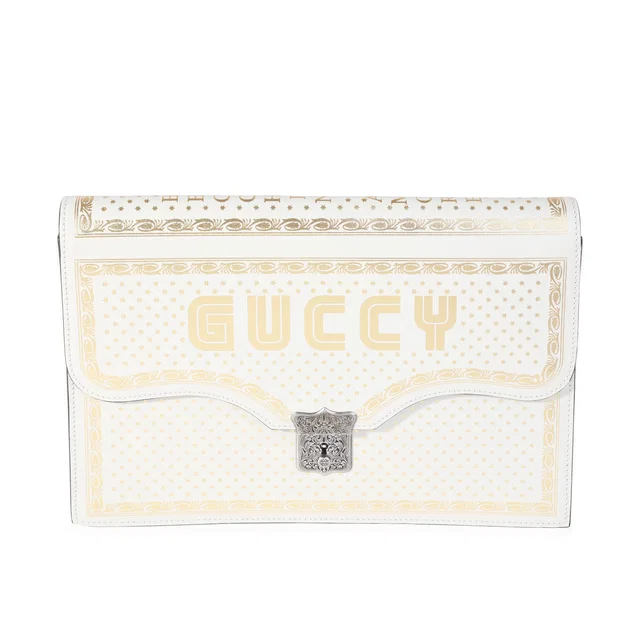 Gucci X Sega Mystic White Star Printed Calfskin Guccy Portfolio Clutch Gold; Metallic; Leather Handbag in White Calfskin from HEWI