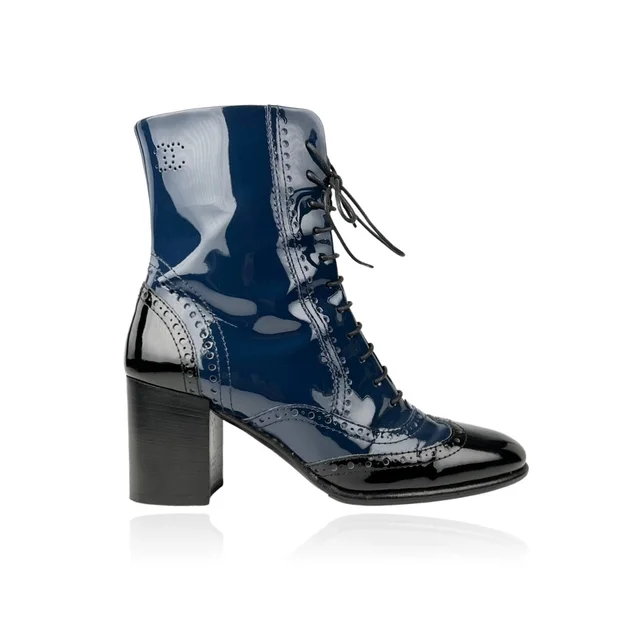 Chanel Patent Black & Blue Brogue Lace-Up Boots in Blue Patent Leather from Designer Archives
