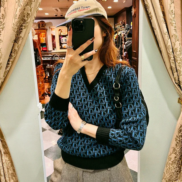 Dior Wool Trotter Pattern Long-Sleeve Sweater #L Blue/Black in Black Wool from VINTAGE QOO TOKYO