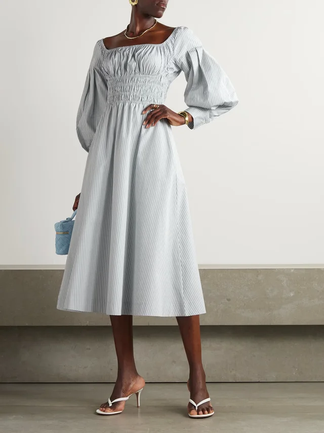ALTUZARRA Josie shirred striped cotton-poplin midi dress in Blue, photo 2 of 2 from NET-A-PORTER (Canada)