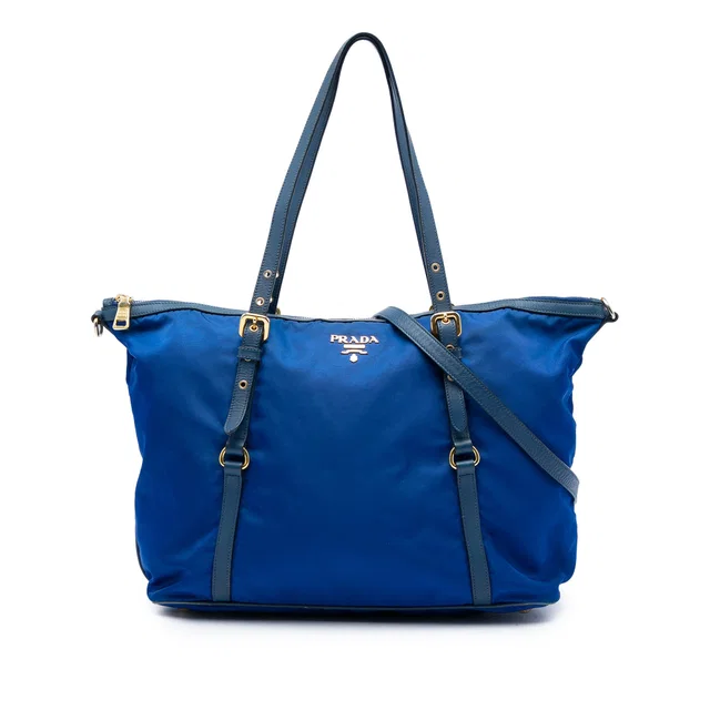 Blue Prada Saffiano Trimmed Tessuto Zip Top Convertible Tote Satchel in Blue Saffiano leather from Designer Revival