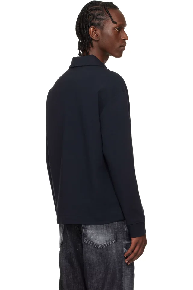 BOSS Navy Zip-Neck Cotton Blend Polo, photo 3 of 3 from SSENSE
