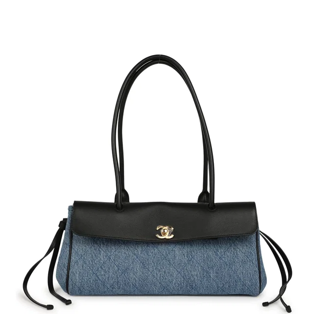 Chanel Small "Urban Essential" East West Shopping Tote Black Calfskin and Blue Denim Gold Hardware in Black Calfskin from Madison Avenue Couture