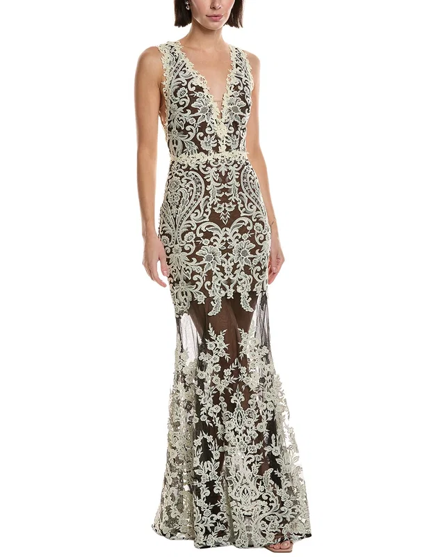 Marchesa Notte Sleeveless Deep V-Neck Embroidered Gown, image 1 of 1 from Rue La La