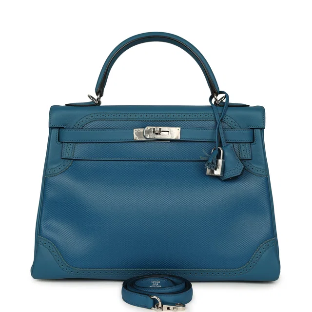 Hermès Ghillies Kelly Retourne 32 Bleu De Galice Swift, Grain D'H Palladium Hardware in Blue Swift leather from Madison Avenue Couture
