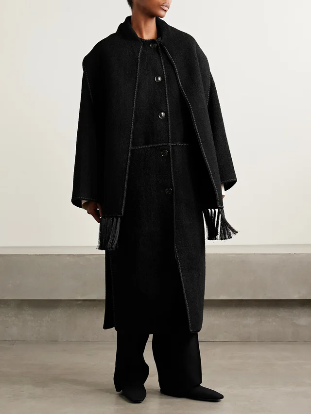 TOTEME Draped fringed wool-blend bouclé coat in black 68% Wool 20% Recycled wool 12% Recycled polyester, photo 3 of 5 from NET-A-PORTER (Canada)