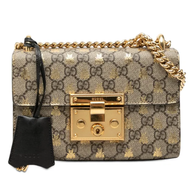 Beige Gucci Small GG Supreme Bee Padlock Crossbody in Beige Coated canvas from Designer Revival