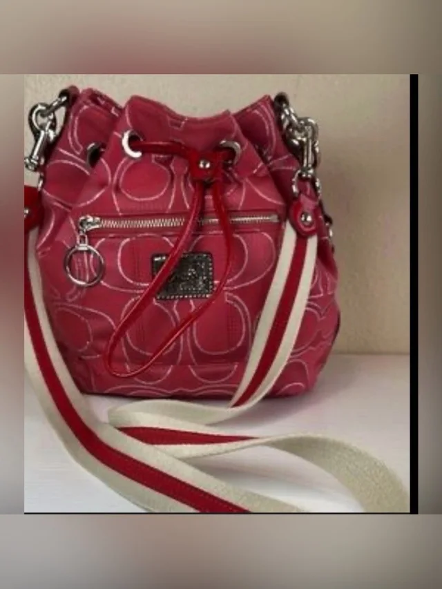Coach Vintage Rare Signature Red Poppy Drawstring Bucket Bag And Wristlet Set in silver|red|gray Canvas from Poshmark, photo 1 of 1