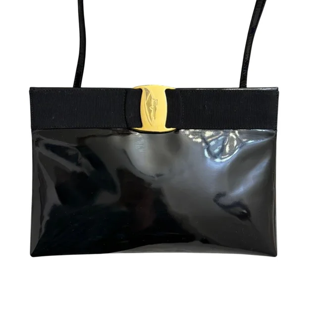 Ferragamo Vera Black Leather Vintage Clutch Shoulder Bag Black Patent Leather Ra in black|gold Patent leather from Poshmark