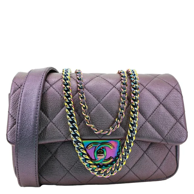 Chanel Double Carry Waist Flap Small Iridescent Quilted Goatskin Chain Shoulder Bag Purple in Purple Goatskin from Dallas Designer Handbags