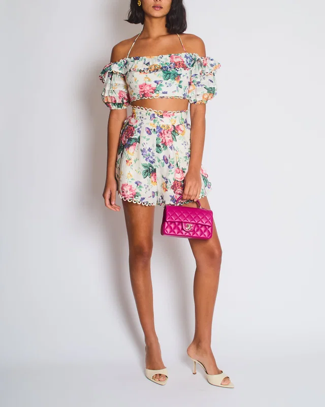 Zimmermann White Multicoloured Floral Linen Shorts and Crop Top Set Size 0 (UK 8) in White from Sellier