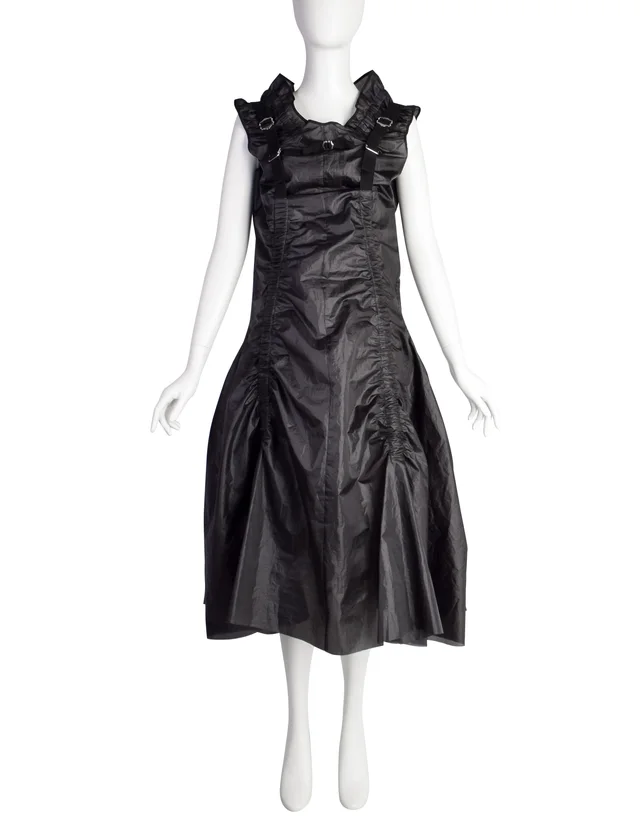 Comme des Garçons Vintage SS2003 Phenomenal Black Ruched Buckle Parachute Dress in Black Nylon from Amarcord Vintage Fashion